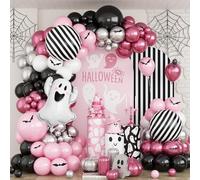 Froova Halloween Balloons Arch Kit Pink and Black Balloons Garland with Ghost Foil Balloon 18 Inch Striped Balloon for Girls Night Pink Halloween Boo Spooky One Scary Birthday Baby Shower Party Decor