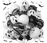 Froova Halloween Balloons Black and White Balloons with 3D Bat Stickers Bat Print Balloon and Black Marble White Ghost Balloon for Happy Halloween Skull Skeleton Spooky Birthday Horror Party Decor