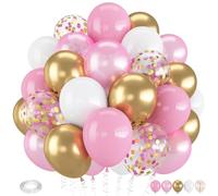 Froova Pink and Gold Balloons, 12 Inch Light Baby Pink White and Gold Confetti Balloons for Girls Princess Birthday Baby Shower Bridal Shower Wedding Graduation Party Decoration