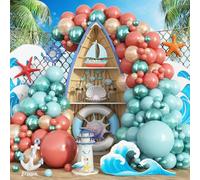 Froova Tropical Balloon Garland Arch Kit, 144pcs Retro Orange Pastel Aqua Teal Blue Rose Gold Turquoise Metallic Dark Green Balloon for Birthday Hawaiian Luau Baby Shower Summer Theme Party Decoration
