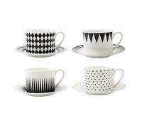 FROOWAN 8 oz Bone China Coffee Cup Set of 4, Geometric Pattern Ceramic Cups with Saucers for Iced Coffee Espresso Latte Cappuccino Tea, Reusable, Porcelain, Dishwasher and Microwave Safe
