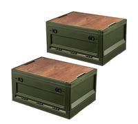 Froppi 2 Pack x 45L Plastic Storage Box with Lid | Large Camping Storage Box | Collapsible Car Boot Organiser | Wooden Board Lid | Green L50.5 W36 H29 cm