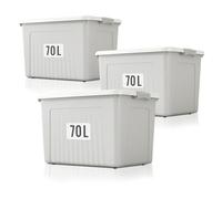 Froppi 3 x 70 Litre Premium Useful Plastic Storage Box with Lid and Wheels | Stackable | Grey | L63 W45 H35 cm | 3 Pack