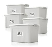 Froppi 5 x 35 Litre Premium Useful Plastic Storage Box with Lockable Lid | Stackable | Grey | L49 W35 H26 cm | 5 Pack