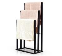 Froppi Free Standing Towel Rail Bathroom Hand Towel Holder Black Bamboo with 3 Silver Metal Bars L42 W24 H81.5 cm
