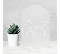 Frosted Arch Acrylic Wedding Sign- 5"x7" Please Sign Our Guestbook Sign and Base,1/8" Thick | Modern Calligraphy White Lettering Arched Acrylic Sign for Wedding