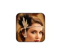 FrostyFlair 1920s Headband Women, Flapper Feather Headband & 1920s Accessories, Leaf Rhinestone and Pearl Hairband for Women Black Gold