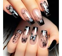FrostyFlair 24 Pieces Press on Nails, Black Butterfly Nails, Medium Coffin with Glossy White Flower Fake Nails, Gradient Colour Artificial Nails