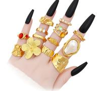 FrostyFlair Gold Chunky Rings for Women, 13 Piece Big Flower Artificial Crystal Baroque Pearl Irregular Stackable Knuckle Rings Pack, Vintage Chunky Jewellery Gift