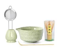 FrostyFlair Matcha Set, 5 Piece Classic Green Matcha Tea Set, Chasen, Spoon & Stainless Steel Sieve with Ceramic Bowl and Stand