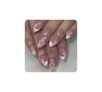 FrostyFlair Press on Nails, 24Pcs Medium Almond Shaped Press on Nails, White French Stick-On Nails, Pink Artificial Nails with 3D Flower Crystal Acrylic