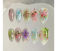 FrostyFlair Press On Nails, 30 Pieces 3D Flower Sticker Nails, Medium Almond Fake Nails, Pearl Rhinestone Designs 3D Gel Nail Art, Nail with Pink Bow