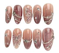 FrostyFlair Press On Nails, 30 Pieces Brown Medium Almond Fake Nails with Pearl Rhinestone Butterfly, Acrylic Glitter Adhesive Nails for Women Girls