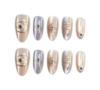 FrostyFlair Press On Nails, 30 Pieces Gold Star Adhesive Nails, Medium Almond Press On Nails French, 3D Blue Rhinestone Adhesive Nail Art