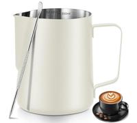 Frothing Milk Pitcher, 12 oz/350 ml Stainless Steel Frothing Milk Jug with Latte Art Pen,with Internal Measurements, for Cappuccino, Espresso and More(White)