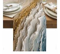 Frothy White Foam Table Runner Coastal Abstract Sculpted Wave Crest Gold Beach Washable Cotton Linen Dining Table Runner Tabletop Decorations for Restaurant Home Kitchen Party 13 x 72 Inch,