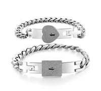 Frotox 2Pcs Silver Tone Stainless Steel Lover Heart Love Lock Bracelet with Lock for Key Bangles Kit Couple Jewelry Sets Gift Magnetic Distance Bracelet