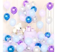 Frozen Balloons,50 Pcs 12 Inch Blue Purple Snowflake Confetti Latex Balloons with 2 Ribbons for Girls Ice Snow Theme Birthday Party Winter Wonderland Decoration