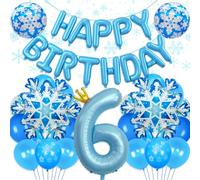 Frozen Balloons Happy Birthday Balloon Banner, 40 inch Blue Numbered 6 Balloon with Crown, Snowflake Balloons for Winter Wonderland Frozen Birthday Party Decorations