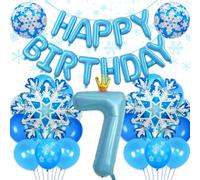 Frozen Balloons Happy Birthday Balloon Banner, 40 inch Blue Numbered 7 Balloon with Crown, Snowflake Balloons for Winter Wonderland Frozen Birthday Party Decorations