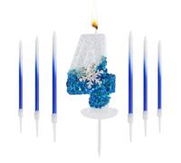 Frozen Birthday Candles, Glitter 4th Birthday Number Candle, Snowflake Number Candles for Cake, Blue White Frozen Cake Toppers with 6 Long Candles for Girls Birthday Decorations Party Supplies