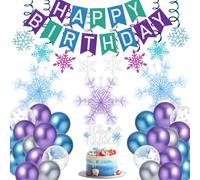 Frozen Birthday Party Decorations Happy Birthday Banner Blue Purple Snowflake Balloons Snowflake Hanging Swirls Streamers Cake Topper for Winter Theme Party Supplies