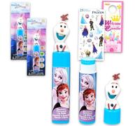 Frozen Lip Balm Tubes for Girls - Bundle with 2 Tubes of Plant Based Lip Balm in Blueberry Flavor with Olaf Figurine Topper Plus Stickers, More | Disney Frozen Party Favors