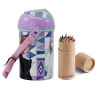 Frozen Pop Up Water Bottle Drink Bottle Flask with Neck Cord for Easy Carry School Lunch Kids Childrens 450ml Includes Half Size 12pcs Pencil Set (Frozen)