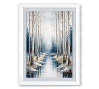 Frozen Stream in Birch Forest Scandinavian Framed Wall Art Print A2 (59.4×42cm) White, Wall Decor for Living Room, Bedroom, Office & Home, Ready to Hang, Art Gift