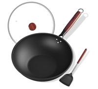Frskalet 13-Inch/33cm Wok Non Stick with Glass Cove, Carbon Steel Wok for 3-6 People, Non-Stick Surface Chinese Wok Cooking for Induction/Electric/Gas Stoves