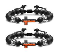 Frstem 2 Pcs Basketball Cross Bracelet, I Can do All Things Adjustable Black Agate Beads Bracelet Birthday Graduation Christian Gift for Adult Sports Player, Men