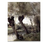 FRTDSAG Weeping Willows By The RiverbankFrench Barbizon Style Landscape Canvas Art, Rustic Countryside Wall Decor Print40x48cm Unframed