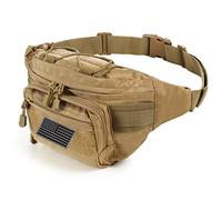 FRTKK Tactical Fanny Pack Military Waist Bag Pack with USA Flag Patch Utility Hip Pack with Adjustable Strap for Outdoors Fishing Cycling Camping Hiking Dog Walking, Tan 2, Strap Length: 52 inches,