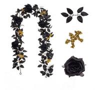 FRTmvg Artificial Black Rose Vine Garland (1.75m) - Dark Red Flowers & Gold Berries - Halloween & Gothic Floral Garland for Wall, Mirror, Wedding, Table Decor (Style C53)