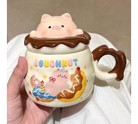 Fruit and Animal Coffee Mug, Reusable Insulated with Lid, Donut Pig Cup, 14oz Travel Mug, Insulated Tumbler with Handle, Large Capacity, for Women(Brown)