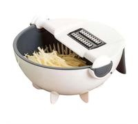 Fruit and Vegetable Cutter Bowl - 9-in-1 Manual Chopper with 7 Blades & Drain Basket, Abs + Stainless Steel Kitchen Slicer, Base for Home, Camping