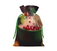 Fruit and Vegetable Printed Christmas Drawstring Bags Reusable Bag for Party Xmas Gift Wrapping, Green Christmas Ribbon, S