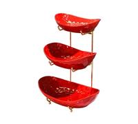 Fruit Basket Bowl Fruit Bowl Basket for Kitchen Counter, Multi-layer Ceramic Serving Bowls with Metal Stand, Red Tiered Fruit Basket for Fruit, Vegetable, Snack, Nuts, Serving Tray Set for Entertainin