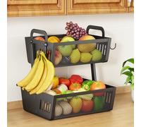 Fruit Basket Bowls For Kitchen Counter - Metal Fruit Stand with Handle - Kitchen Vegetables Bread Snacks Storage Organization, 2 Tier Black