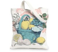 Fruit Basket Canvas Tote Bags, Stylish Lemon Floral Print Reusable Shopping Bags, Vintage Nature Lightweight Washable Tote, White, 13x15 Inch