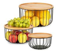 Fruit Basket for Kitchen Counter Set of 3 - Large Stackable Baskets with Bamboo Lid - Fruit Bowl, Perfect Holder For Fruits and Vegetable Storage -Keep Your Countertop Classy, Tidy and Slightly Fruity
