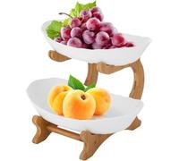 MEESOGA Fruit Basket Stand 2-Tier Plastic Fruit Bowl Holder - Plastic Fruit Plate 2 Tiers Fruit Bowl Stand with Bamboo Stand, Plastic Serving Plate for Kitchen Fruit Vegetable Snacks Candy Storage