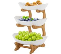 Fruit Basket Stand 3-Tier Break-resistant Plastic Fruit Bowl Holder - Shatterproof Plastic Fruit Plate 3 Tiers Fruit Bowl with Bamboo Stand, Serving Plate for Kitchen Vegetable Snacks Candy Storage