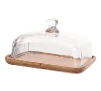 Fruit Bowl Clear Butter Cheese Tray, Mini Cake Stand with Dome Covered Small Cake Plate Wooden Cake Dish Cake Display Tray Rectangle Wood Platter with Glass Lid Glass Dinner Plates (7X4.6inch)