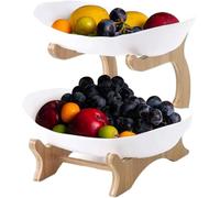 Fruit Bowl for Kitchen Counter, 2 Tier Plastic Fruit Bowl Set with Bamboo Wood Stand, Large Capacity Storage Basket, Tiered Dessert Serving Plate Tray Rack for Vegetable Bread Candy Cake Party (White)