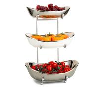 Fruit Bowl for Kitchen Counter, 3 Tier Ceramic Serving Bowls with Metal Stand, Tiered Fruit Basket for Fruit Vegetable Storage, Snack, Bread Candy, Nuts, Cake, Dessert (Silver)