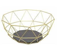Wire Fruit Basket with Geometric Design - Gold, Lightweight Kitchen Countertop Fruit and Vegetable Holder - Wood Base Bowl