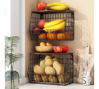 Fruit Bowl with Banana Holder 2 Tier for Kitchen Storage & Organisation, Hanging Fruit Baskets for Kitchens, Vegetable Rack Wall Mounted Vegetable Storage Rack, Black Wire Baskets for Potato Storage