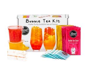 Fruit Bubble Tea Kit Gift Box | 6 Servings | Set Includes Mango and Strawberry Syrups, Cherry and Peach Popping Boba, Tea Bags and Paper Straws | by THE TEASHED