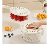 Fruit Drain Basket with Lid Foldable Handle, Fruit Strainer Colander Bowl, Kitchen Draining Basket, Fruit Vegetable Washing Food Strainers & Food Storage Colander (white+brown)